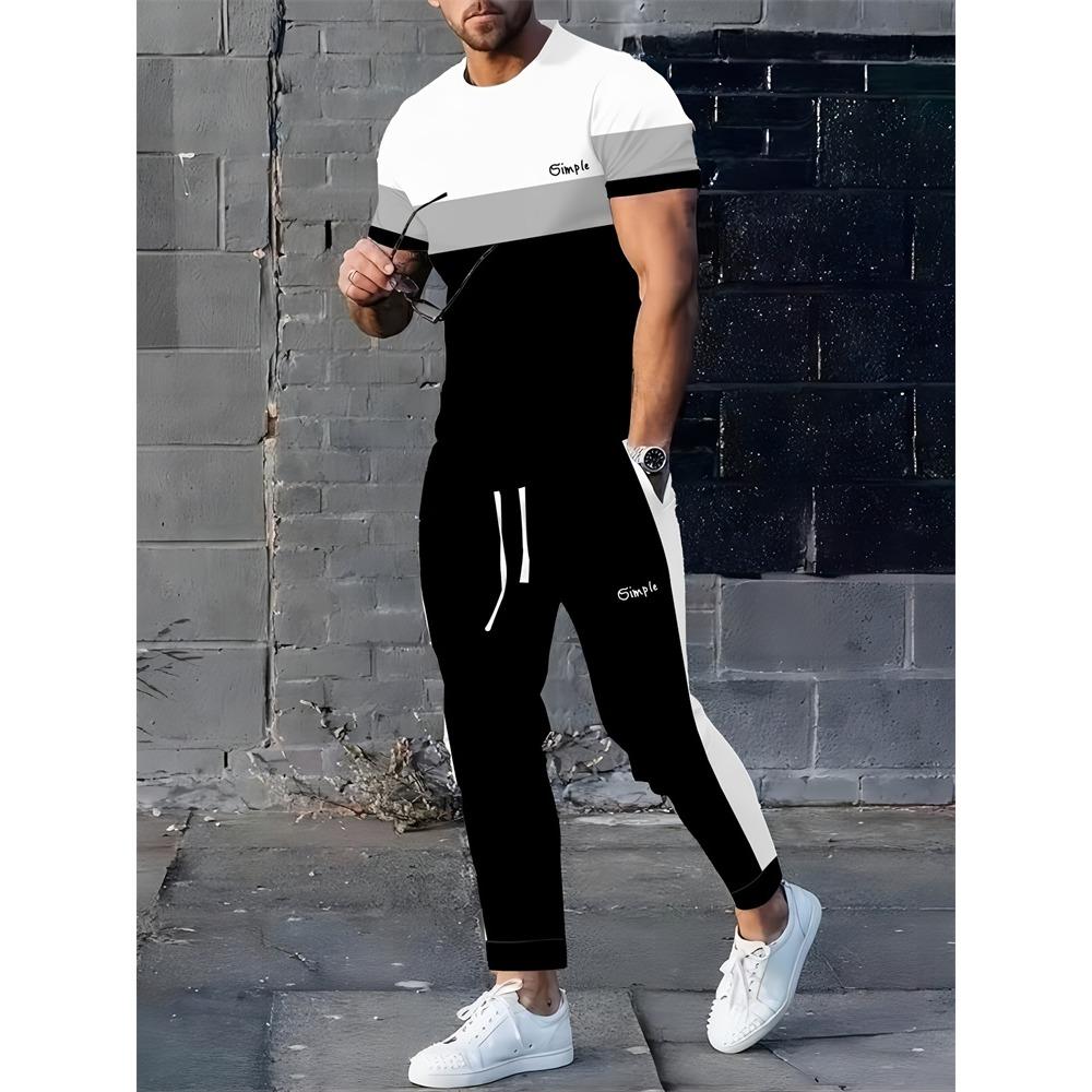 Simple Striped Printed Men's Casual Long Pants Set, Outdoor Street Fashion Trendy Men's Top And Casual Long Pants
