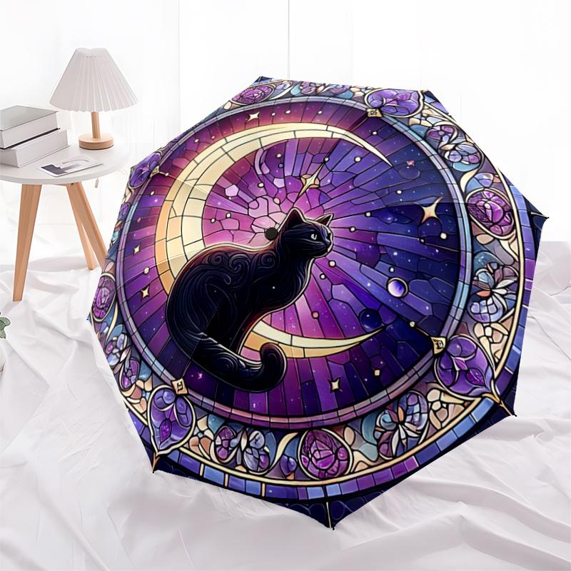 Buntglas-Katzenmond-Fensterpaneel - Automatischer Öffnungsregenschirm, Tragbares faltbares Design, 8-Speichen-Eisenrahmen Outdoor-Regenschirm, Festivalgeschenk für F