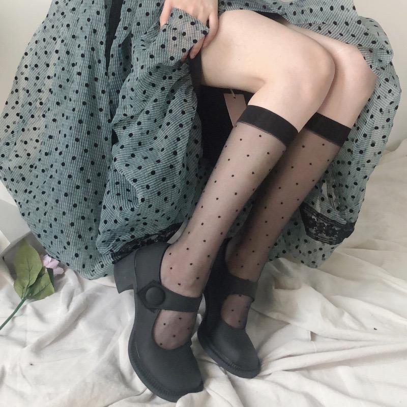 1Pair/2Pairs/3Pairs,Black Polka Dot Mesh Calf Socks, All-match Thin Breathable Knee High Socks, Women's Stockings & Hosiery