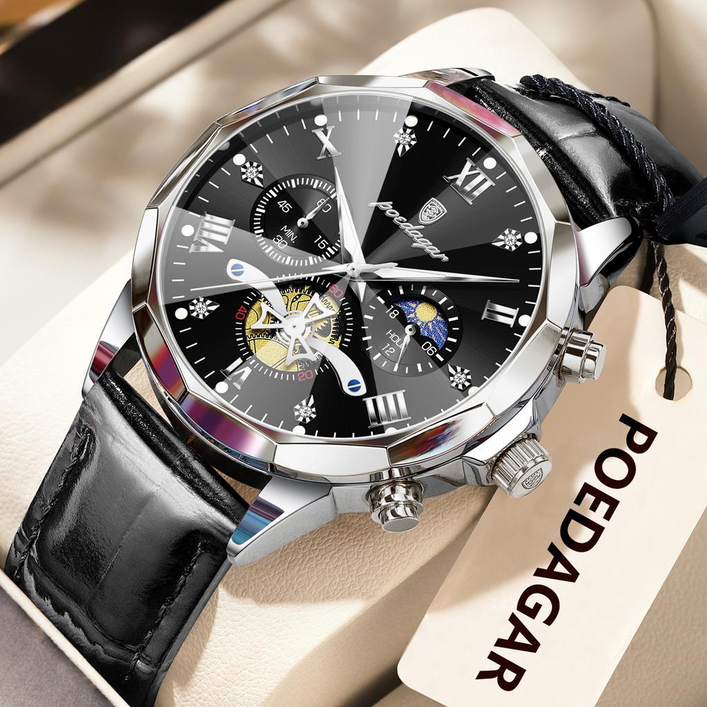 Luxury Men Wristwatch Quartz Waterproof Luminous Moon Phase Chronograph Leather Man Watch Male Reloj