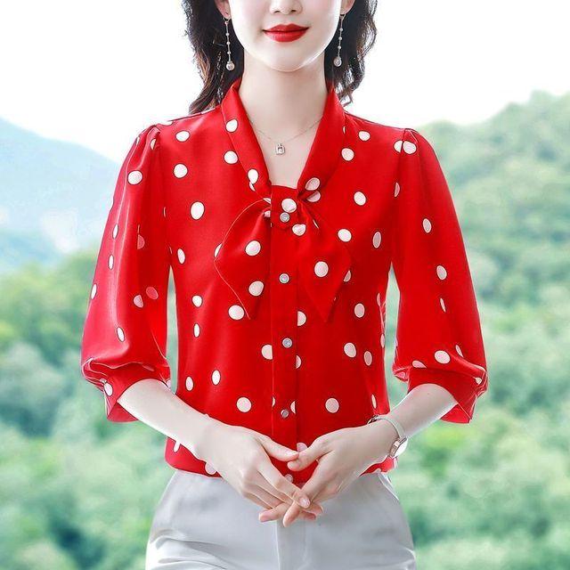 Modisches, viertelärmeliges Chiffon-Hemd mit Schalkragen, bodenlange Bluse, schmale Passform, Sommer, dünnes, kurzes Polka-Dot-Print-Top, M-5XL