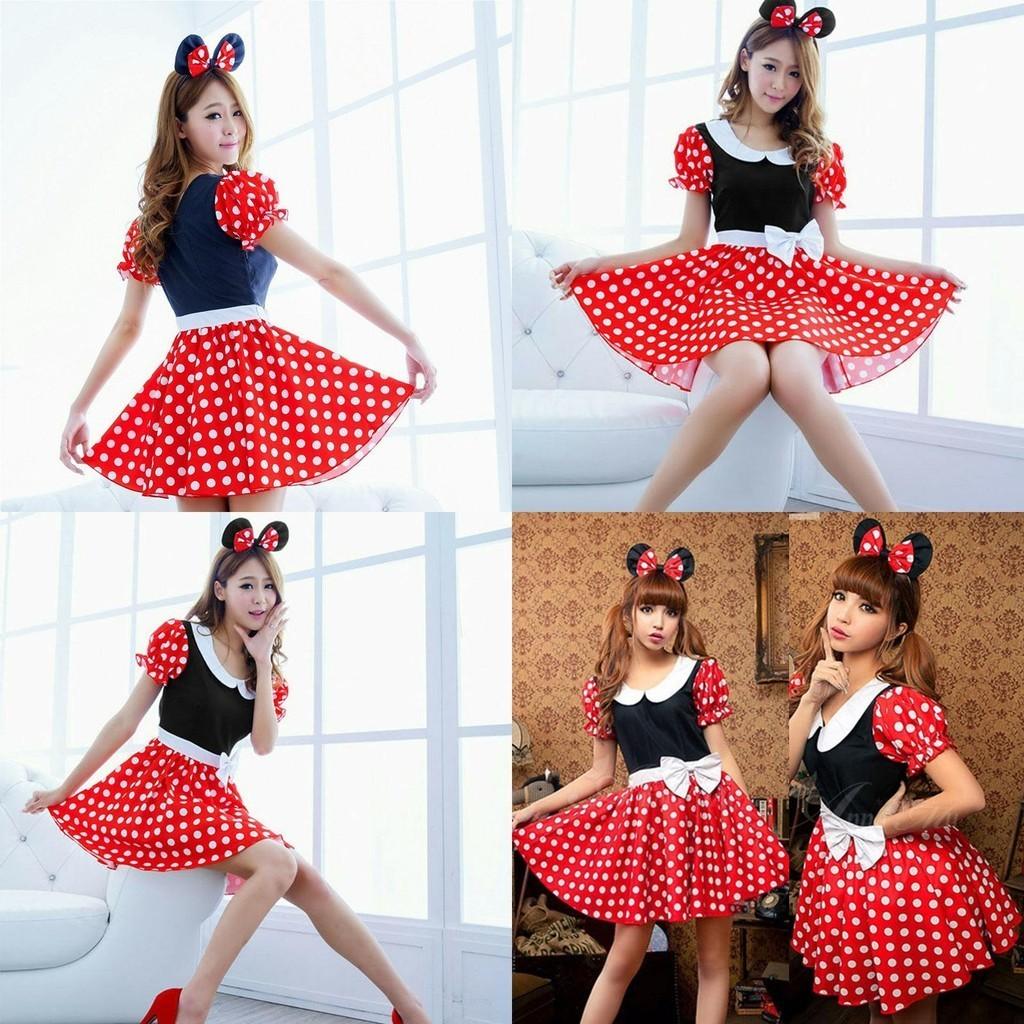 Elegantes Sexy Damen Kostüm für Erwachsene mit Cartoon Minnie Maus und Punkten für Halloween