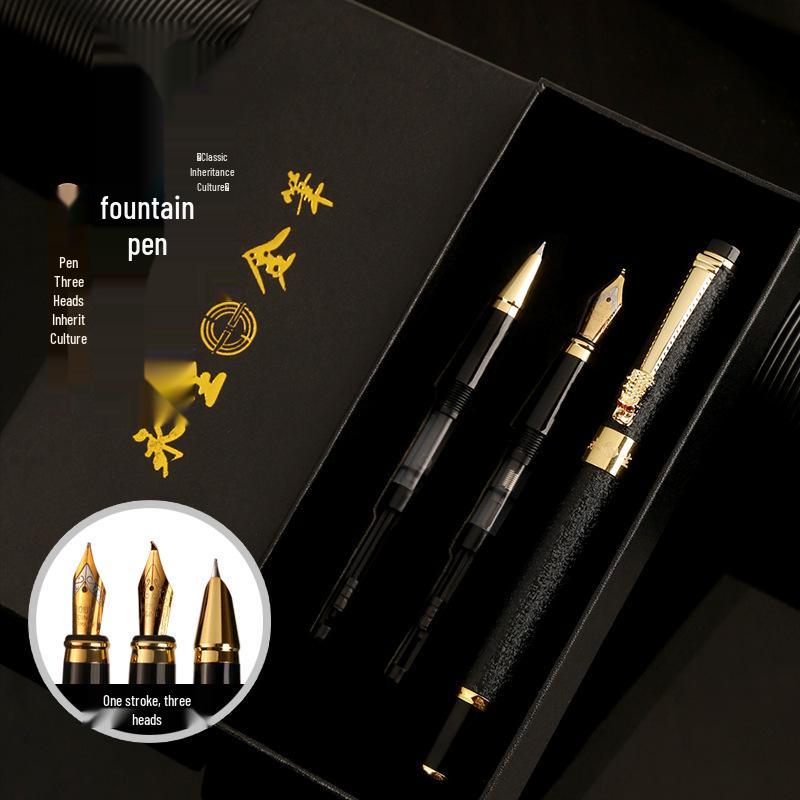 Dragon Calligraphy Fountain Pen Set: 3-Piece, Metal, Ideal for Students, Business, and Art - Unisex Design