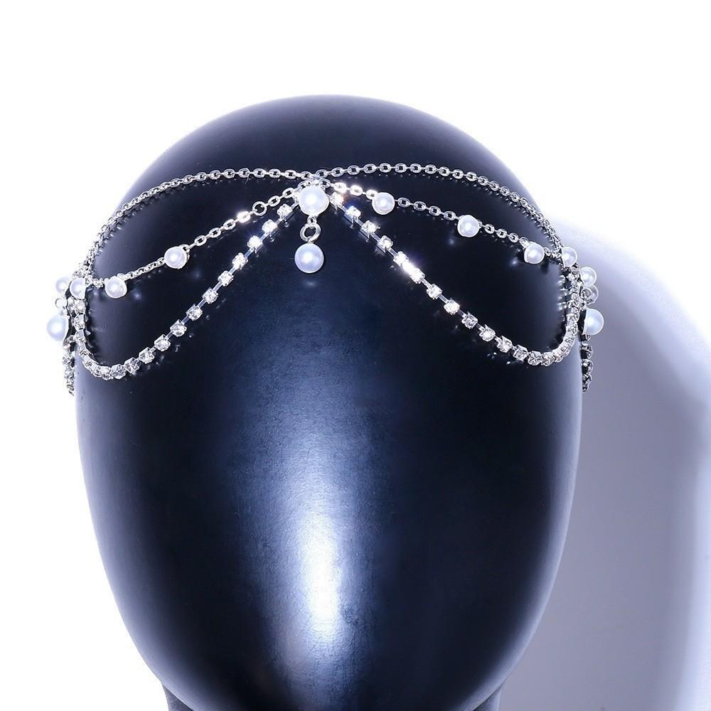 Full Rhinestone Head Chain Headpiece Pearls Tassel Crystal Meshes Headbands  Hair Accessories