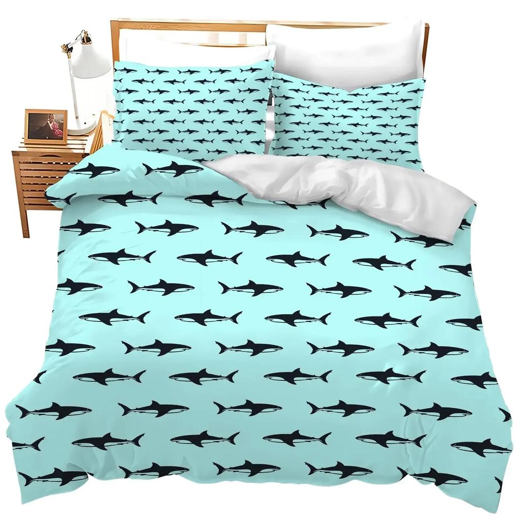 Shark Fish Print Duvet Cover Set Cute Underwater Animals Luxury Soft Bedding Set Children Teens Adults Blue Comforter Cover Sets
