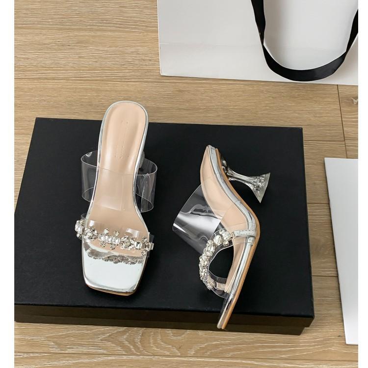 High heels women's summer 2025 new transparent one-word strap square head open-toed versatile outer wear sandals high heels sandals