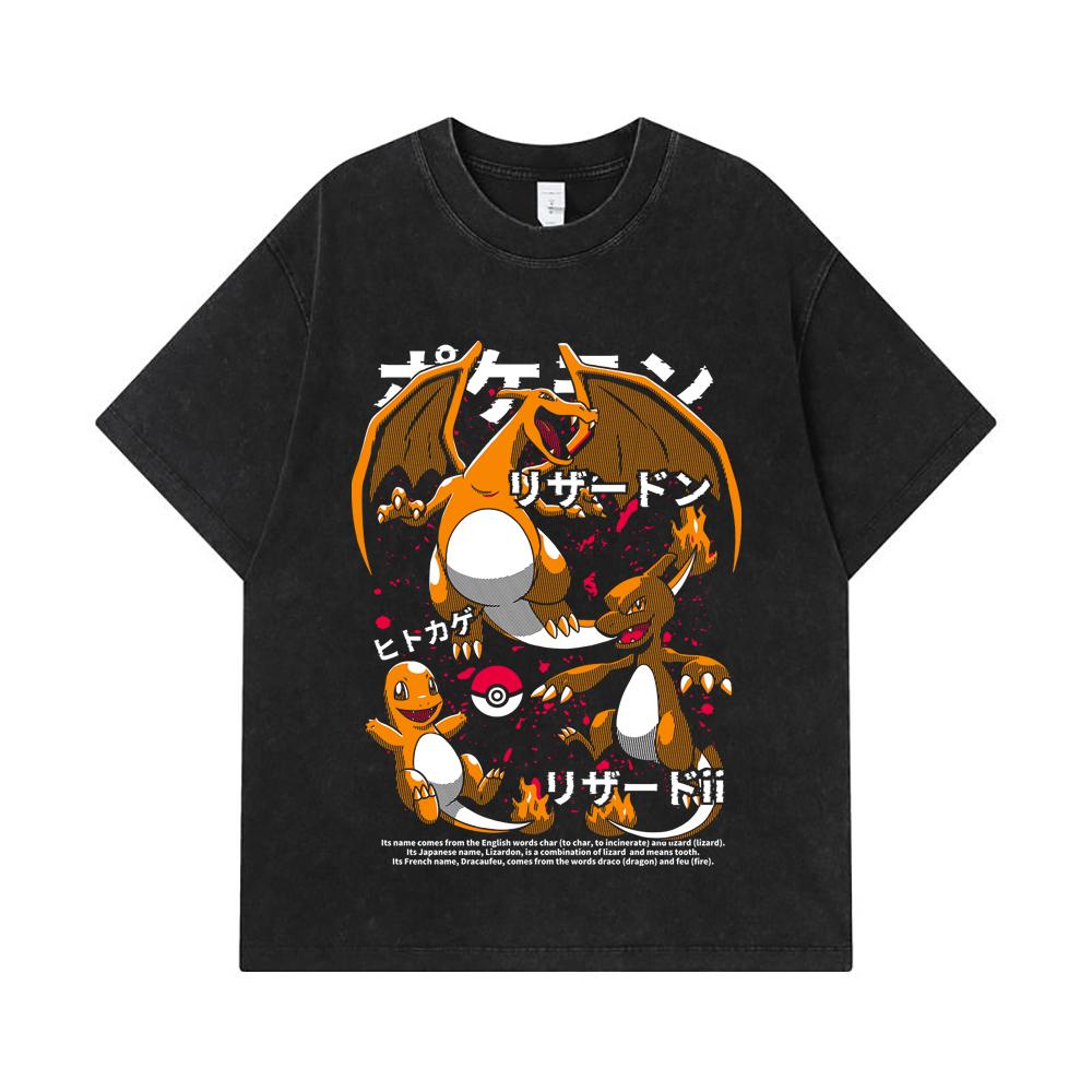 275 GSM Washed T-shirts 100% Cotton Pokemon V19 Charmander Print Unisex Heavy Cotton T Shirt