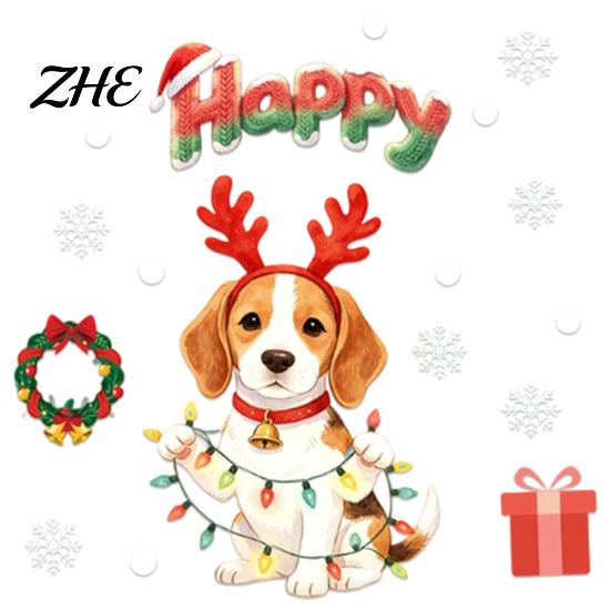 Easy Apply Window Paster Cute Dog Christmas Static Stickers, Waterproof PVC Holiday Decals for Home Decorative Scenes Store Glass, Removable