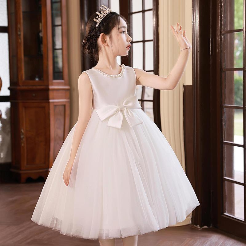 Girls Summer White Princess Tulle Dress Performance Gown