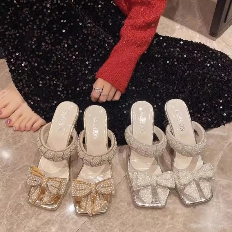 Fashion Fashion Women's Slippers Square Heel One Kick Sexy Bow Tie Sandals for Women Pearl Banquet Extra-shaped Heel Sandalias De Mujer