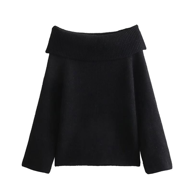 Women Fashion Solid Loose Knitted Pullover Sweater Vintage Slash Neck Long Sleeves Female Chic Lady Tops
