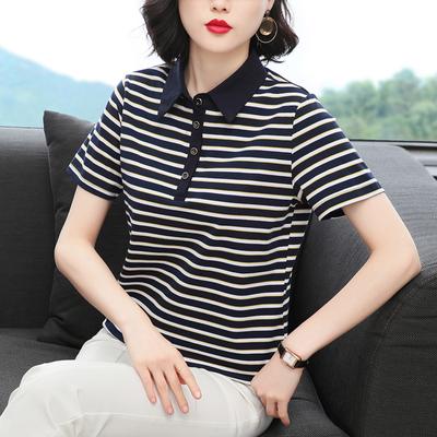 Maglietta a righe da donna, polo da mezza età, top casual alla moda, maglietta di base a maniche corte da donna, sottile e versatile