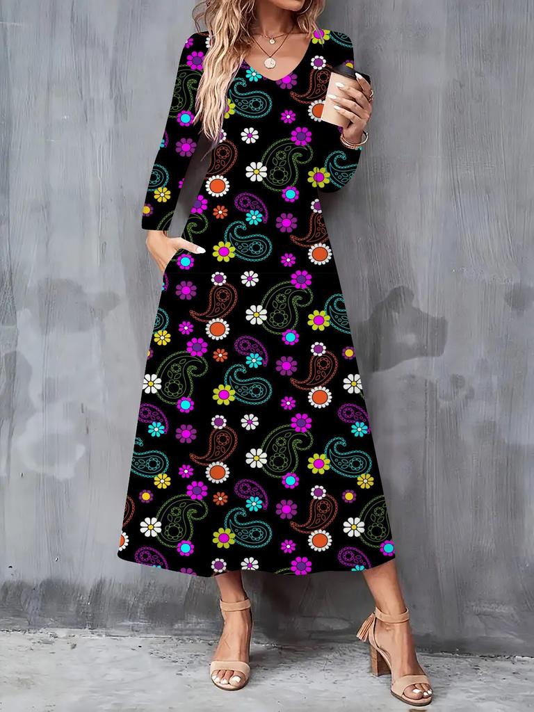 2025 Herbst und Winter Neues Damen Casual Modekleid 3D Retro Musterdruck Langarm V-Ausschnitt A-Linien-Kleider