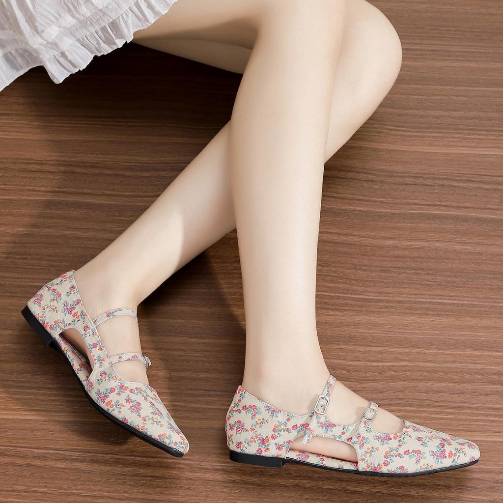 2025 new side empty flat-soled single shoes for women's summer outer wear, advanced sense, double-row one-word with soft-soled casual shoes, femini