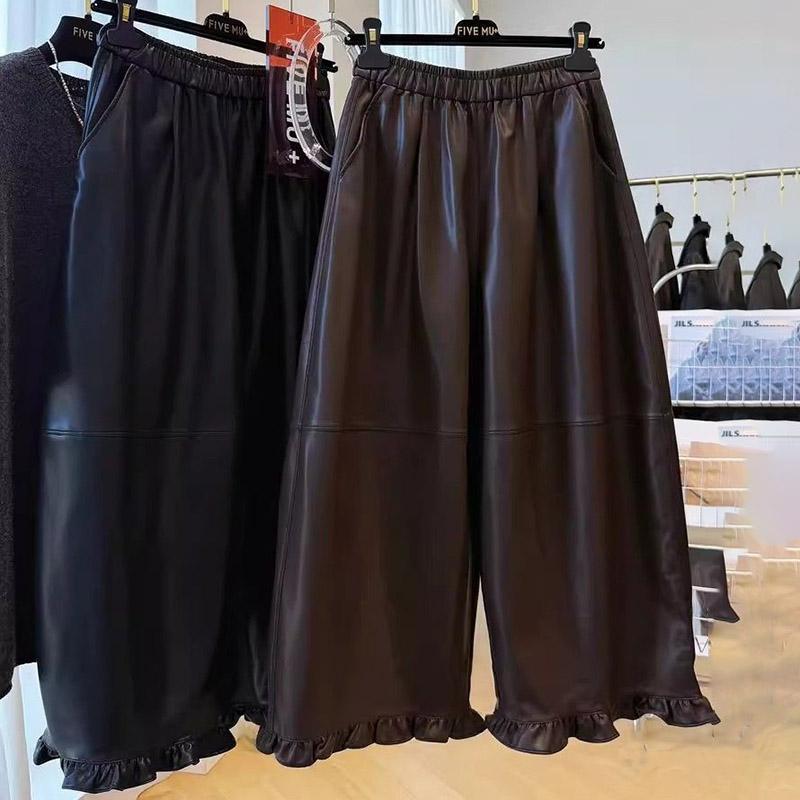 Leather Pants for Women Elastic High Waist Long Trousers Plus Size Thickened Stretchy Solid Colour Versatile Casual Wide Leg Pants