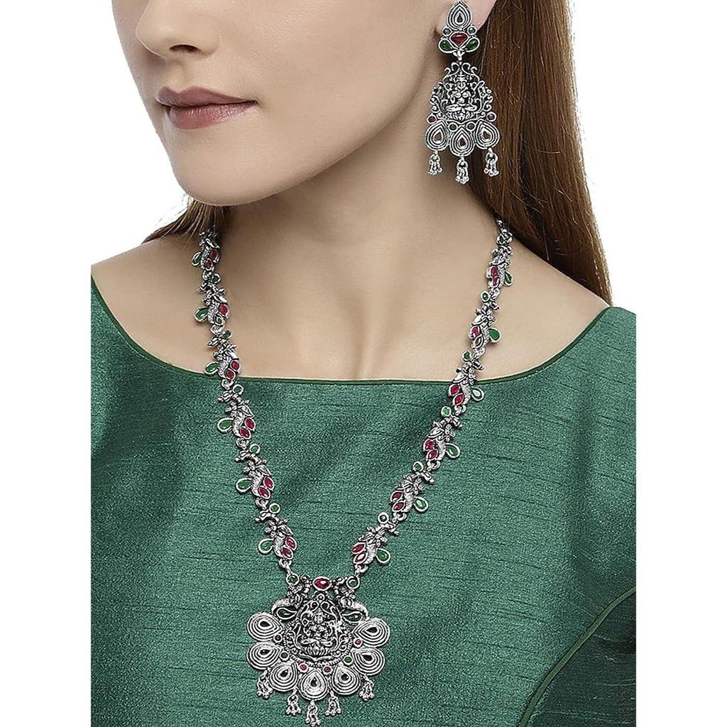 ZAVERI PEARLS Antique Silver Tone Temple Necklace Set For Women