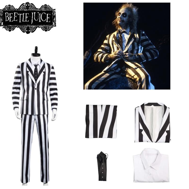 Costume Cosplay Beetlejuice Black And White Striped Suit Halloween Party Prop