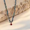 Blue Crystal Bead Heart Charm Necklace Adjustable Length Clavicle Chain Retro Style Jewelry for Everyday Casual Wear