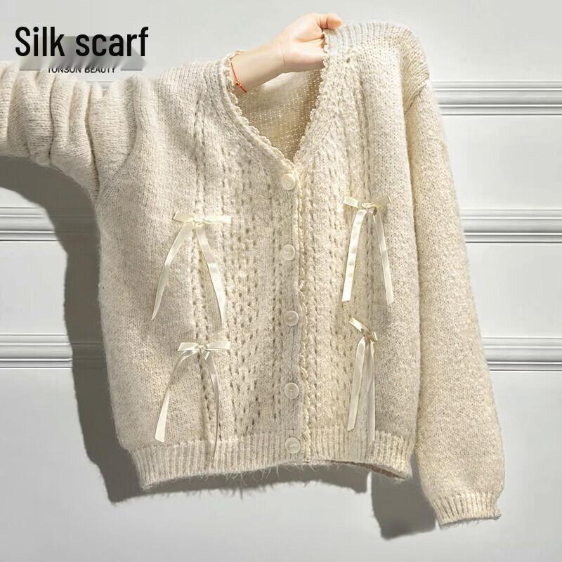 Women s V-Neck Long Sleeve Cardigan with Bow Detail One Size