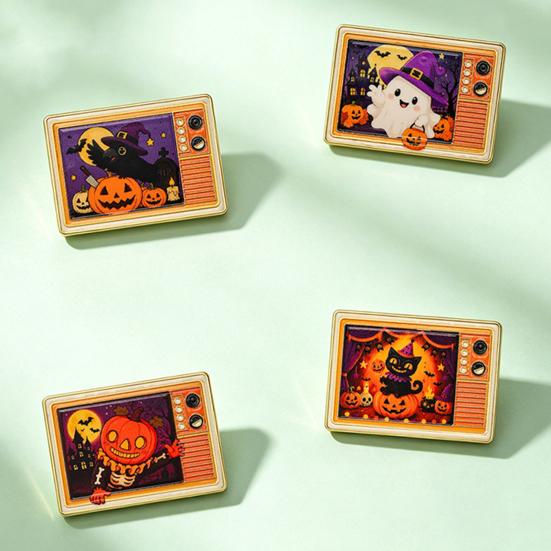Decorative Hat Pin Retro TV Brooch for Halloween, Pumpkin Ghost Black Cat Crow Badge, Holiday Lapel Sweaters Jackets Scarves Decoration Zinc Alloy