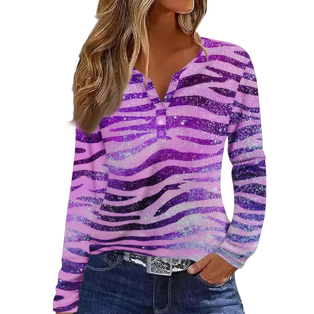 Women's Casual Long Sleeve Halloween Print V-Neck T-Shirt with Decorative Buttons