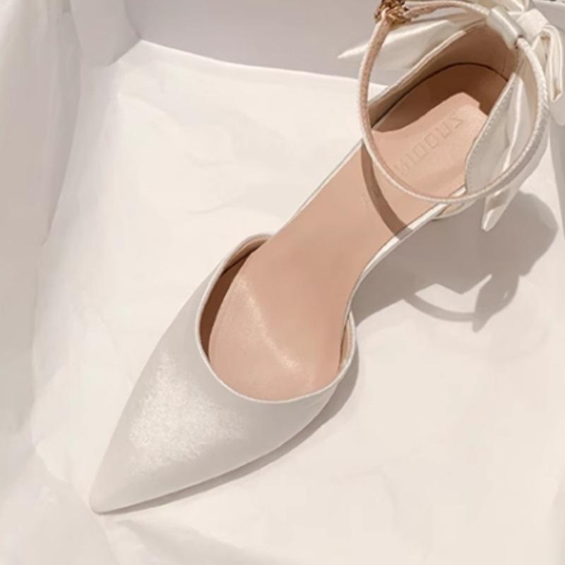 High Heels Women's Summer 2024 New Beautiful Pointed Wedding Shoes Bride Satin Hollow Shallow Mouth Stiletto Sandals Women