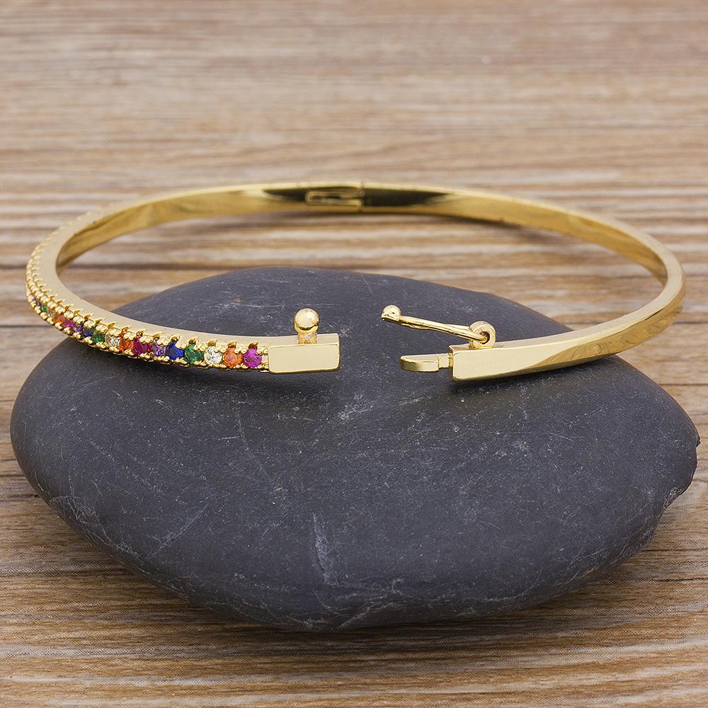 Nidin New Design High Quality Charm Rainbow Bracelet Copper Zirconia Rhinestone Cuff Bangle Trendy Jewelry Gift For Women Girls