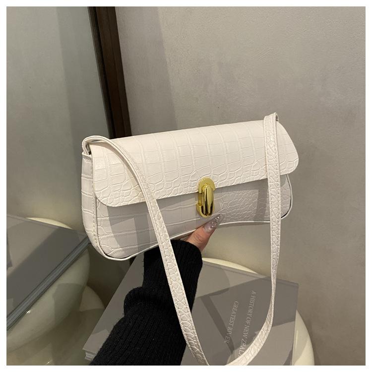 Women Vintage Crocodile Pattern PU Leather Flap Shoulder Underarm Bag Buckle Baguette Tote Bag Female Handbag Purses Solid Color