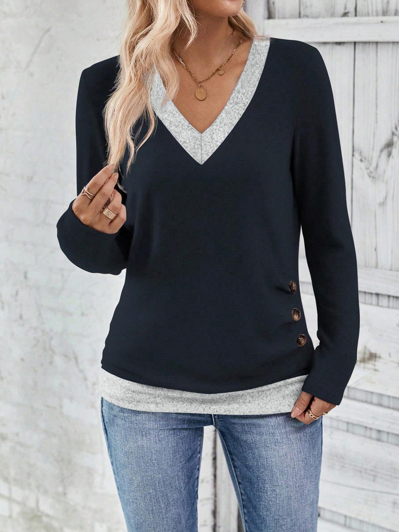 

2025 Spring/Summer Women s Three-Button Color Block V-Neck Long Sleeve, Casual Comfortable Travel/Vacation Wear Medium темно-синий