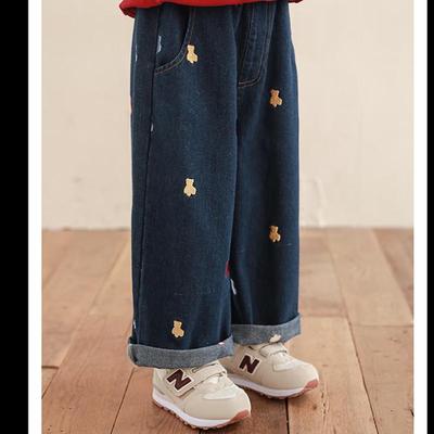 Girls' Soft Bear Appliqué Loose Denim Jeans