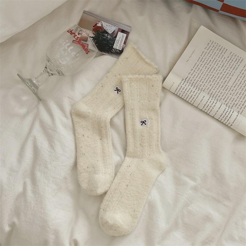 

Осенне-зимние утолщенные носки до середины икры из пряжи в горошек из австралийской шерсти, теплые, женские милые махровые носки с вышивкой в виде бантика 1 pair абрикосовый