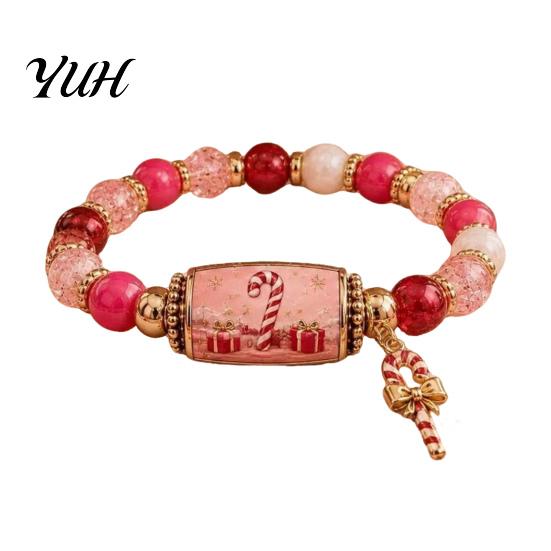 Women Christmas Bracelets Story Beaded Bracelet, Bracelet with Santa Reindeer Snowman House Candy Stretchy Cane Tree Pattern, Elastic Colorful