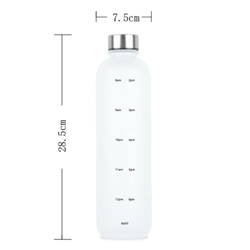 Water Bottle with Time Marker, 1000ml Silver Steel Cover, BPA-Free Drinking Reminder, Leak-Proof Frosted Time Marker for Fitness, Sports, and Outdoors