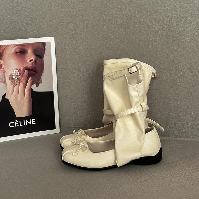 

Модные универсальные повседневные туфли-балетки в ретро-дизайне женские 2025 лето новая модель с бантом на плоской подошве 40 бежевый