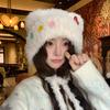 Cute Button Bear Ear Plush Knitted Hat for Women Warm and Ear Protecting Woolen Hat and Headscarf for Autumn and Winter