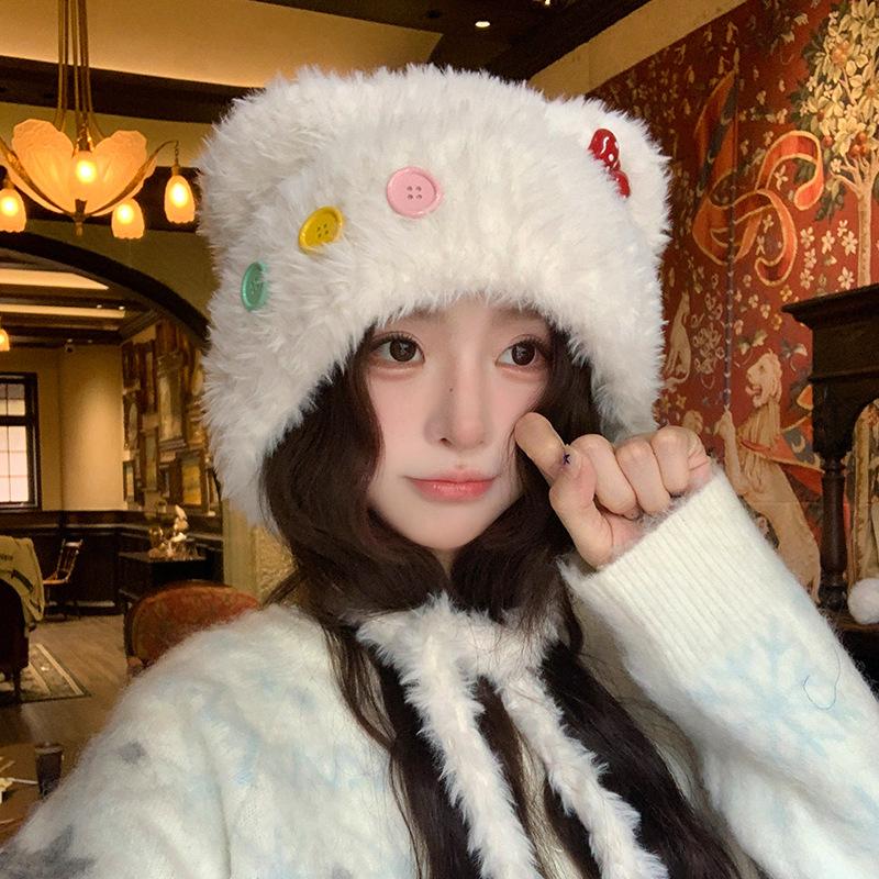 Cute Button Bear Ear Plush Knitted Hat for Women Warm and Ear Protecting Woolen Hat and Headscarf for Autumn and Winter