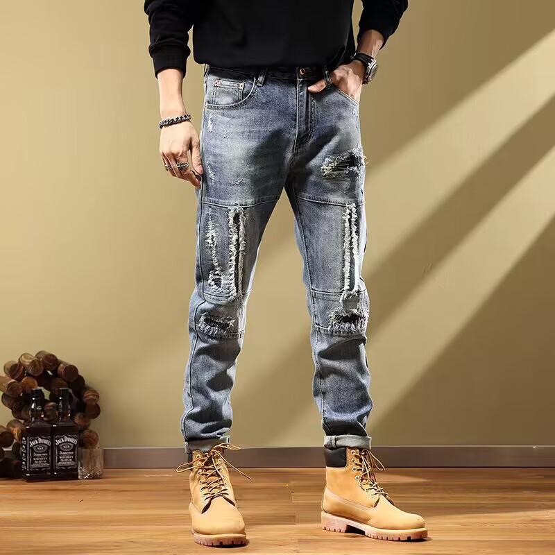 Men's Trendy Slim-Fit Ripped Skinny Jeans with Elastic Fabric and Stitched Patches