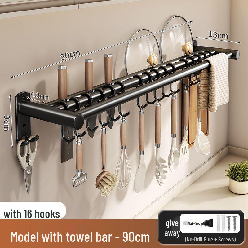 Stainless Steel Wall-Mounted Kitchen Hook & Pot Lid Rack with Knife Holder.
