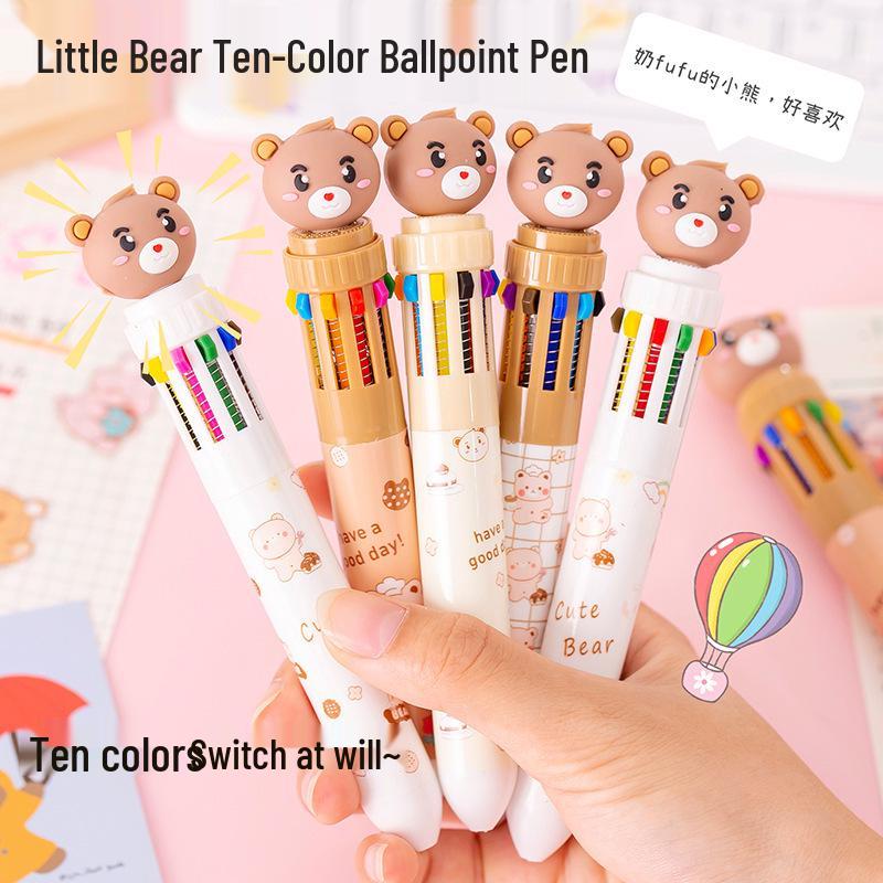 Little Bear 10-Color Press-Type Ballpoint Pen for Students and Journaling
