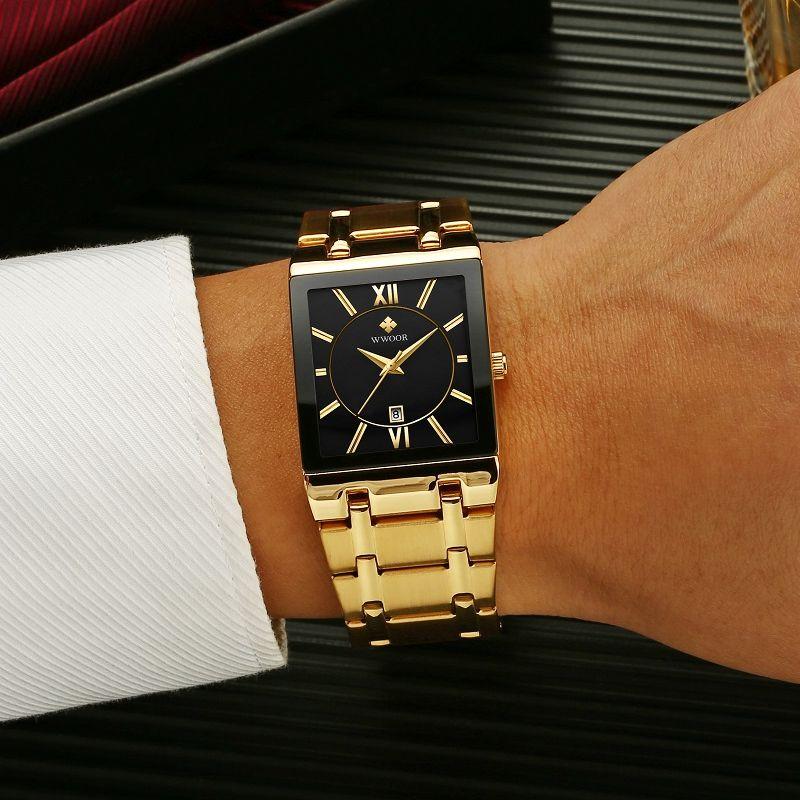 Fashion Stainless Steel Watches Men WWOOR Square Waterproof Quartz Watch Men Top Brand Luxury Gold Black Wristwatch For Man