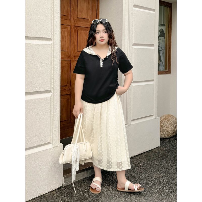 Plus size women clothing [Popular Shirt This Year] Contrast Color Lace Stitching Hood Short sleeve Summer 100.00kg Waist Hugging T-shirt