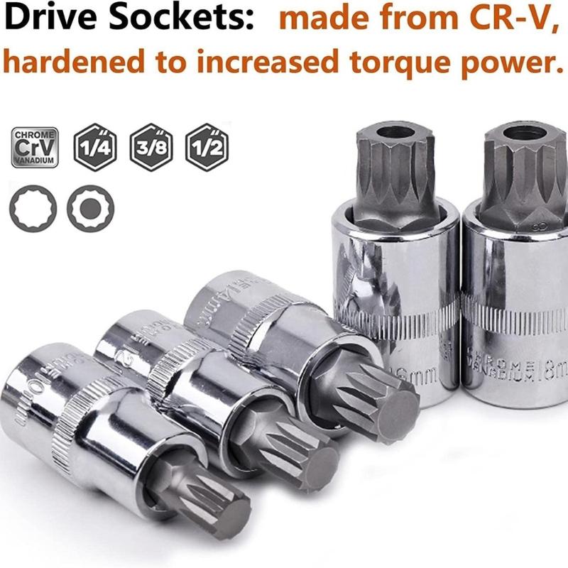 Driepuntige Spline Bit Dop Set, 10 Delen Set 1/2inch 1/4inch 3/8inch Aandrijving met Draagtas