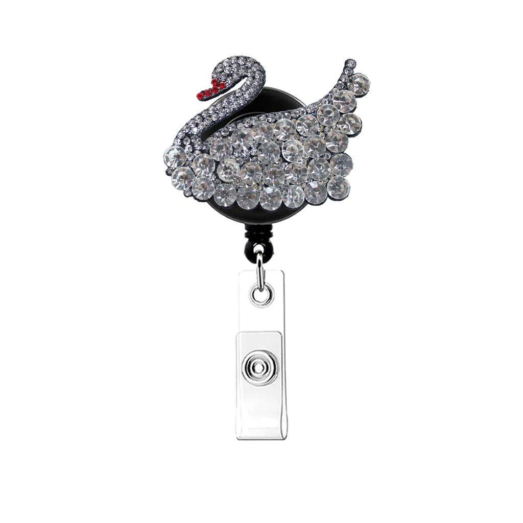 Swan Rhinestone Badge Holder Reliable Swivel Alligator Clip Retractable Badge Reel Convenient Id Holder Reel For Office