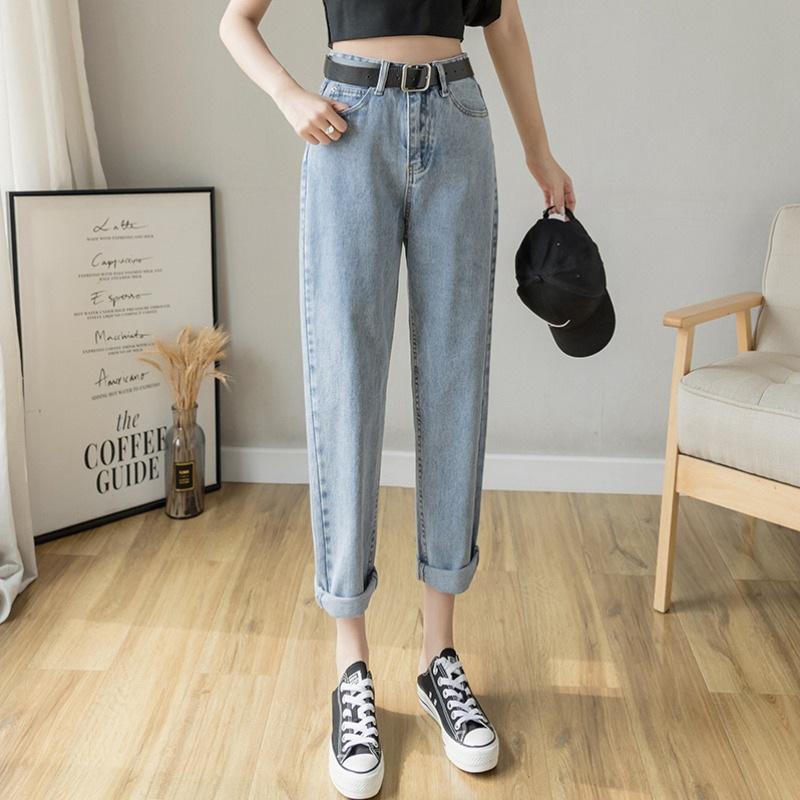 

Весенне-осенние женские тонкие повседневные джинсы с высокой талией, женские прямые шаровары, укороченные брюки больших размеров L светло-синий