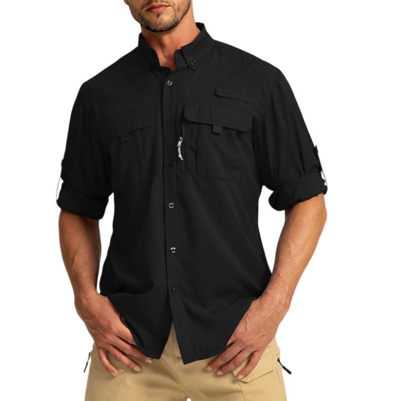 Mens Casual Solid Color Long Sleeve Fishing Button Up Shirt