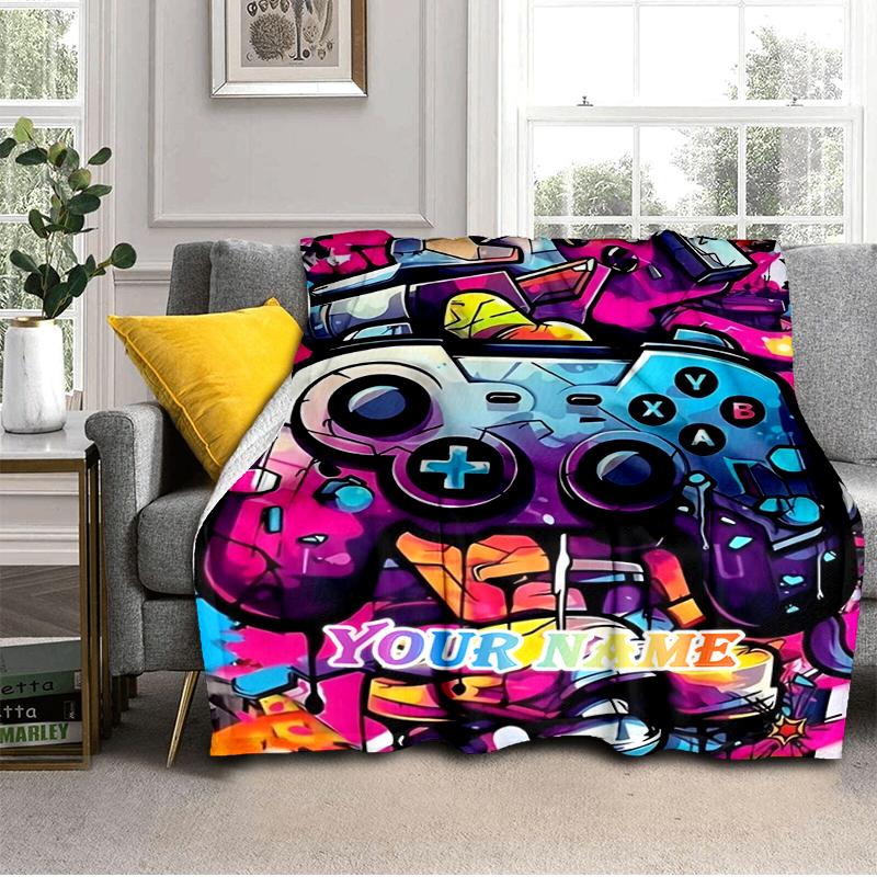 1PC Custom Name Controller Graffiti Art flannel blanket versatile, all-season throw suitable for the living room, bedroom, camping, travel, and gift