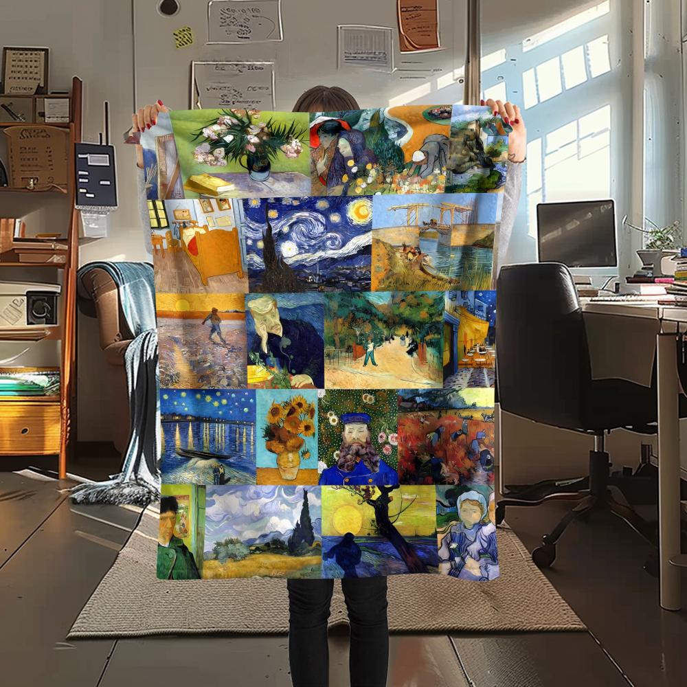 1Pc Van Gogh Painting Print Flannel Blanket, High Quality Comfortable for All Seasons, Home Decor, Warmth and Comfort, Perfect for Christmas Gifts