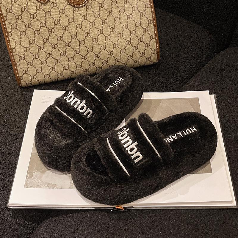 

Thick bottom heightening fluffy slippers women s outer wear 2025 new autumn and winter Internet celebrity senior sense one word fluffy cotton drag 40 чёрный