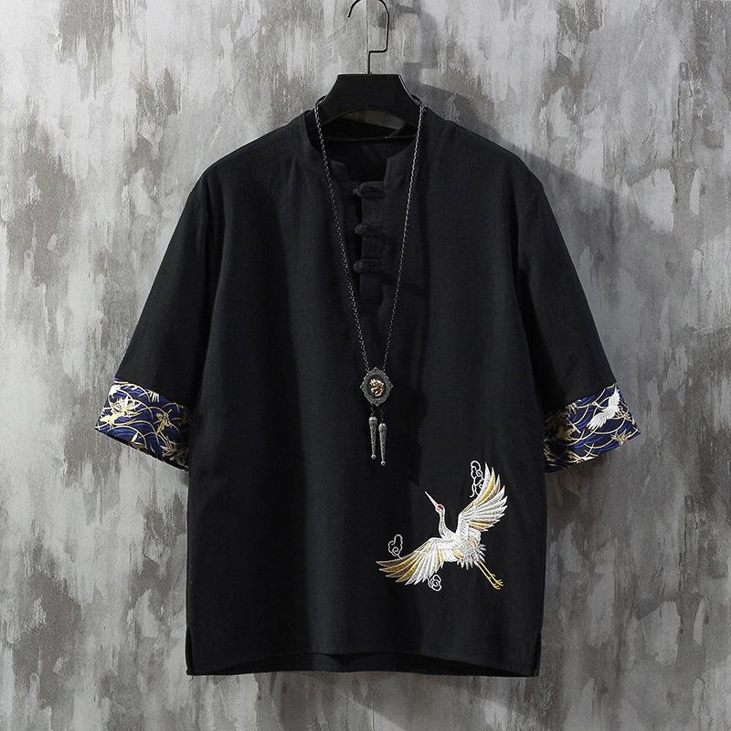 Leinen Kurzarm T-Shirt Herren Chinesischer Stil Stickerei Sommer Große Größe Dünn Locker Tang Anzug Jacke Baumwolle und Leinen Halbarm T-Shirt