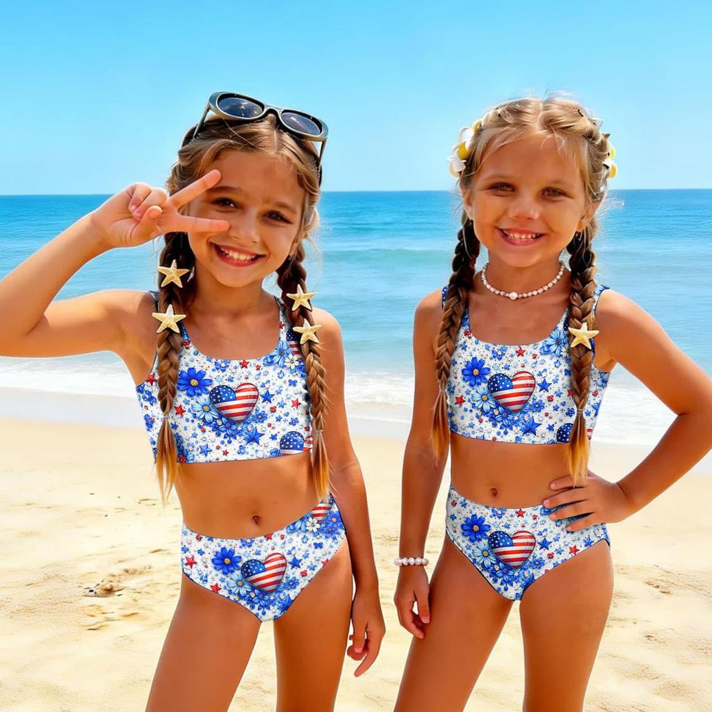Girls Two Piece Swimsuit Set Summer Tankini Top and High Waist Bottoms Floral Print Lightweight Swimwear for Kids Beach Pool